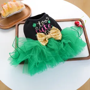 Cute green puppy dress with sparkling gold bow for St. Patrick's Day themed pets
