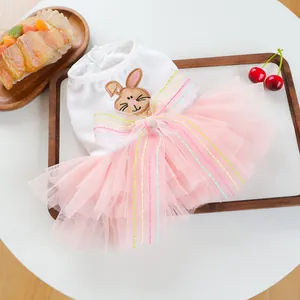 Pink rabbit tulle pet dress for dogs and cats with elegant embroidery and mesh layers