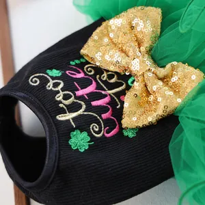 Detail of pet dress featuring a large gold sequin bow and Lucky Cute embroidery