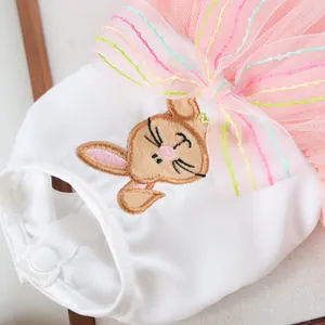 Pink bunny tutu pet dress with white cotton top and detailed rabbit embroidery for Easter