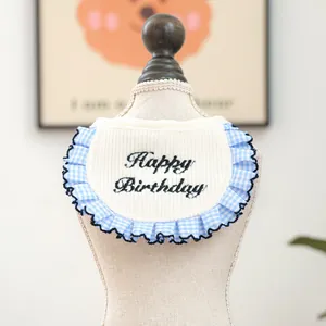 Blue plaid ruffled pet bib with Happy Birthday embroidery for cats and dogs