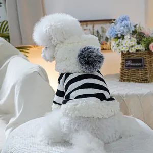 Striped pet hoodie for small dogs with pom-pom hood and warm fleece lining