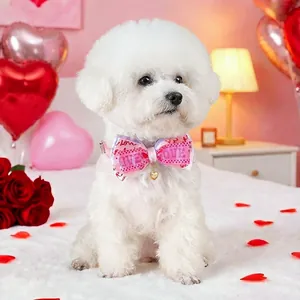 Gros plan d'un collier rose pour animal avec nœud, imprimé LOVE et pendentif cœur