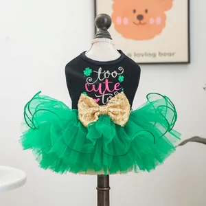 Cute green pet tutu dress with clover embroidery and gold sequin bow for dogs and cats