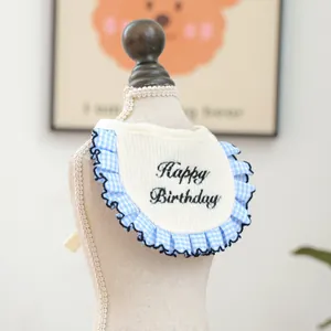 Blue plaid ruffled pet bib with Happy Birthday embroidery for small dogs and cats