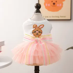 Pink tulle pet dress with bunny embroidery and a large bow for small dogs and cats