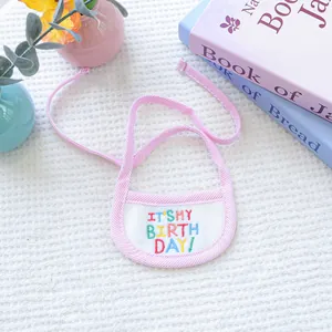 Detail of pet birthday bandana with 'IT'S MY BIRTH DAY!' colorful embroidery and pink piping