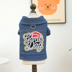 Blue denim pet jacket with Game Day embroidery and metal D-ring for small dogs and cats