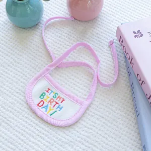 Detail of pet birthday bib with pink striped edges and colorful embroidery text