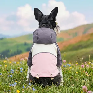 Three-color hooded pet windbreaker for small dogs featuring pink grey and beige patchwork