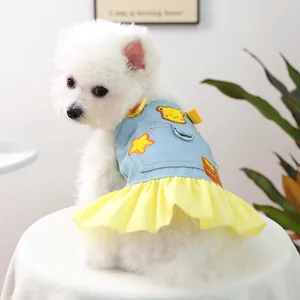 Casual Denim Pet Dress With Yellow Ruffle Skirt Cute Bear Star Embroidery For Small Dogs Cats Puppy Spring Autumn Clothes