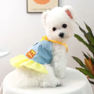 Blue denim pet dress with yellow chiffon hem and honey bear embroidery for small dogs