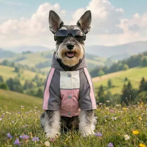 Detailed view of a small dog in a pink and grey windbreaker jacket on a grassy hill