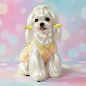 Zoete crèmegele kant huisdier bruidsjurk set met bijpassende strik haarclips voor honden