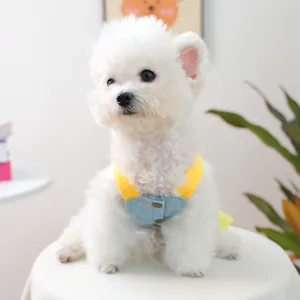 Small dog denim vest harness with yellow nylon straps and buttons on white Bichon