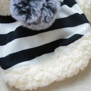Detail of striped pet hoodie featuring knit texture with pom-pom and warm sherpa lining
