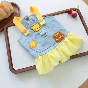 Denim pet dress with honey bear embroidery and yellow pleated skirt for small dogs
