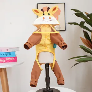 Detail of cartoon giraffe pet raincoat with a transparent visor and snap button closure
