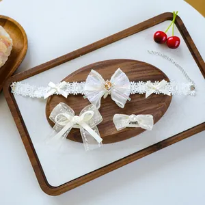 Detailed close-up of lace bow hair clips and a pearl choker for small pets
