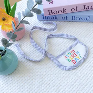 Detail of pet birthday bandana with blue striped ties and birthday embroidery