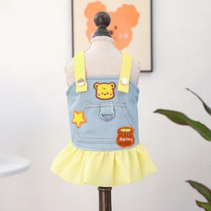 Blue denim pet dress with honey bear embroidery and yellow straps for small dogs
