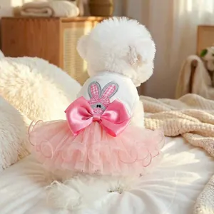 Cute Pet Easter Bunny Embroidery Tutu Dress For Small Dogs Cats Princess Pink Mesh Skirt With Large Satin Bow Sweet Style