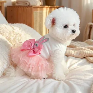 Easter pet dress for cats and dogs featuring a pink rabbit patch and mesh tutu skirt