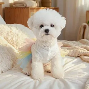 Rainbow tulle pet dress for small dogs and cats featuring a white cotton vest design