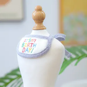 Detailed view of white cotton birthday pet bib with blue striped trim and colorful embroidery