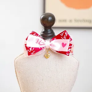 Détail macro du collier pour animaux avec nœud rose et rouge et pendentif cœur doré