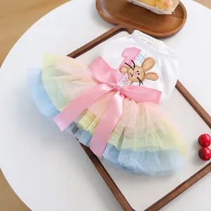 Macro detail of pet dress with pink sequin number one and rainbow tulle skirt