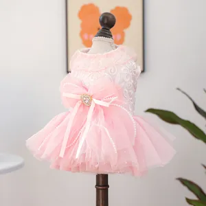 Pink pet lace princess dress with heart gemstone and pearls for small dogs and cats