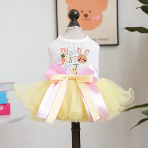 Easter pet dress for cats and small dogs featuring bunny embroidery and yellow tutu skirt