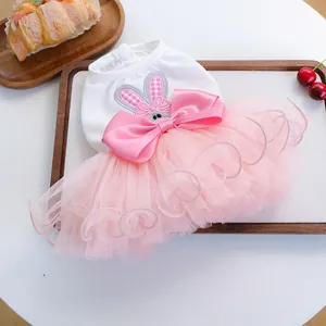 Pink tulle pet tutu dress with white rabbit embroidery and large satin bow for cats and dogs