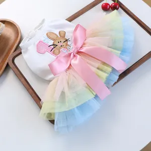 Detail view of pet dress with rabbit embroidery and multi-layer rainbow tulle skirt