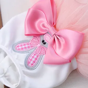 Detail of pink tutu pet dress with rabbit ear embroidery and satin bow decoration