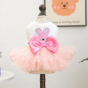 Pink and white pet princess dress with rabbit embroidery and large satin bow decoration