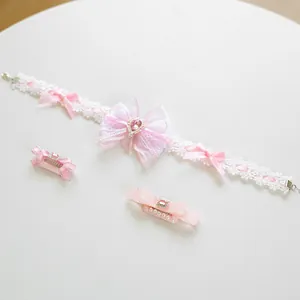 Pink Lolita style pet accessory set with lace ribbon headband and gemstone bows