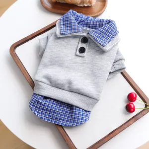 Dettaglio del maglione grigio per animali con colletto a quadri blu e bottoni