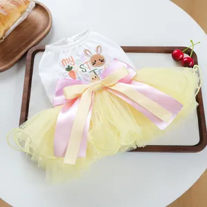 Easter pet tutu dress with bunny embroidery and a large satin bow for small dogs and cats