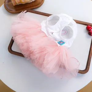 Pink tutu pet dress with white sleeveless top and rainbow embroidery for cats and small dogs