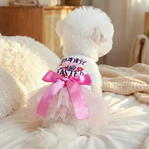 Easter Pet Dog Dress Bunny Kisses Embroidered Puppy Mesh Tutu Skirt With Pink Satin Bowknot Cat Spring Apparel Clothes