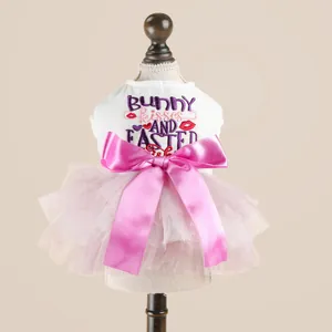 Detail of Easter bunny embroidery and pink tulle skirt on a pet dress for dogs and cats