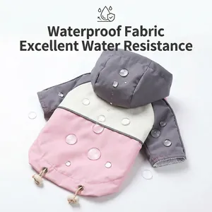 Waterproof hooded pet raincoat with three-color patchwork and adjustable drawstring hem