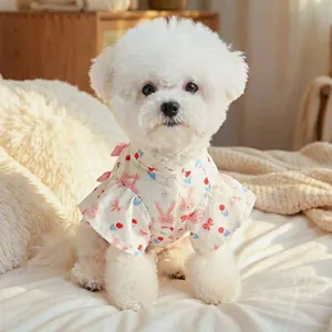 Florale hondenkimono met roze konijnenpatroon voor kleine honden gedragen door een Bichon