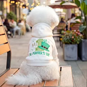 St Patrick's Day Dog Hoodie My 1st St Patrick's Day White Soft Pet Sweatshirt With Shamrock Embroidery Small Puppy Clothes