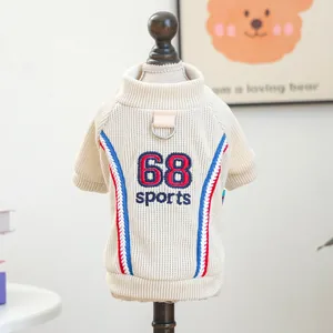 Beige ribbed knit pet sweater with sport 68 embroidery and metal D-ring for small dogs