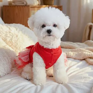 Red pet tutu dress with mesh layers for small dogs like Bichon worn in a cozy bedroom