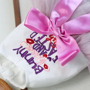 Sweet pet dress with purple mesh skirt, pink ribbon bow and heart embroidery