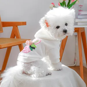 White small dog hoodie with pink bunny and flower embroidery for Easter spring
